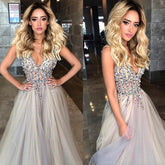 Gray Beaded A-Line V-Neck Modest Long Prom Dress with Sweep Train
